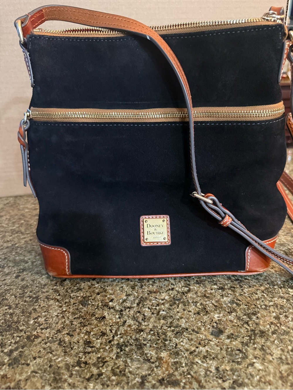 Dooney & Bourke Black Suede Messenger with Brown Leather Trim